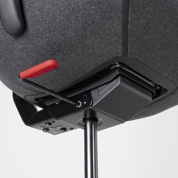 De onderkant van de stoelen vertoont stevige, zwarte plastic mechanismen. Rood handvat geeft de verstelfunctie aan. Metalen paal suggereert robuuste ondersteuning.