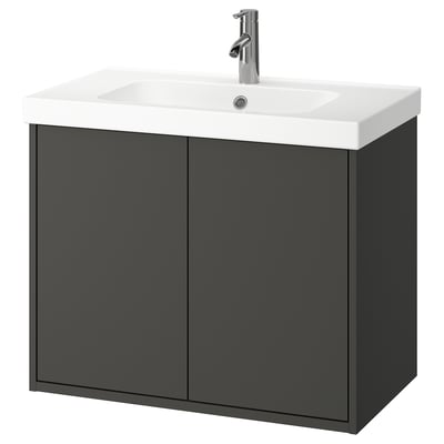 HAVBÄCK donkergrijze badkamermeubel met witte wastafel, modern minimalistisch design.