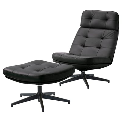 Zwarte HAVBERG draaifauteuil & voetenbank. Getuft, stervoet, modern design.
