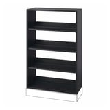 Zwarte houten boekenkast, vier open planken, stevige bouw, rustieke charme.