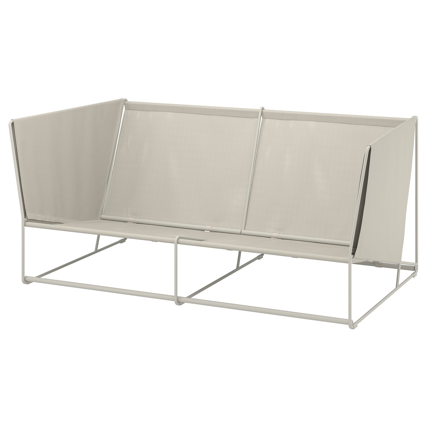 HAVSTEN: crèmekleurige buitenbank, metalen frame, mesh-stof, modern design.