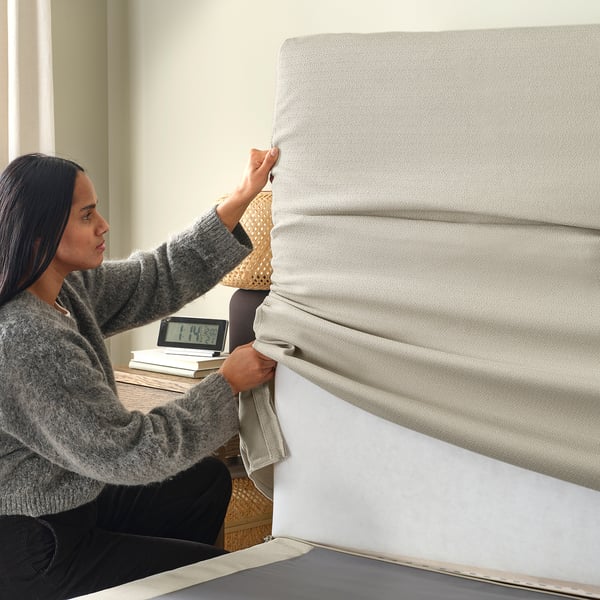 HEMFJÄLLET Boxspring met opberger, Valevåg stevig/middelhard/Nordberget Odensvi lichtbeige, 180x200 cm