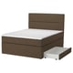 Bruin stoffen bed met opberglades, gestoffeerd hoofdeinde, modern design.