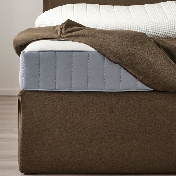 HEMFJÄLLET Boxspring met opberger, Valevåg stevig/Nordberget Tonerud donkergrijs-bruin, 140x200 cm