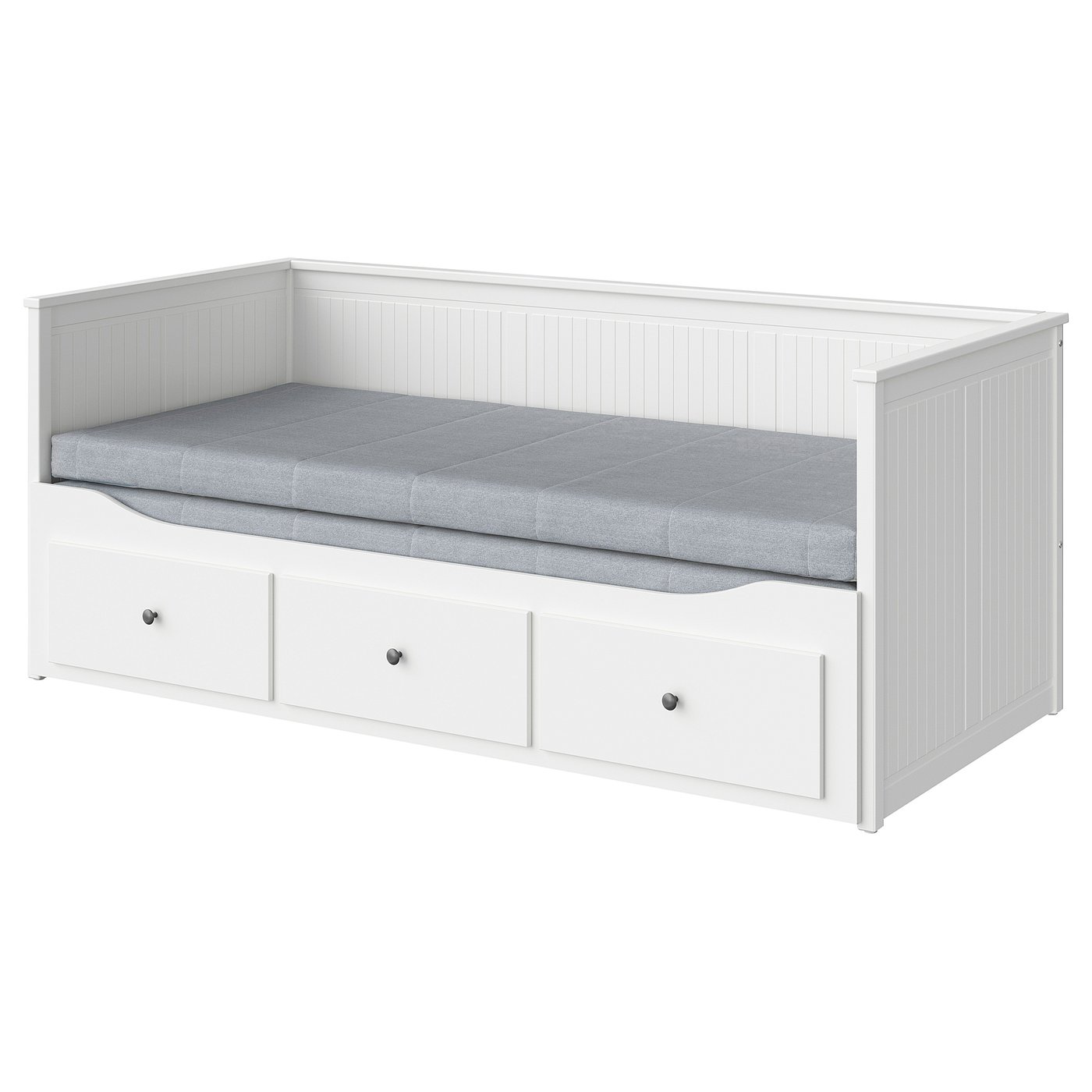 Wit HEMNES dagbed met 3 lades, schuimmatras, dubbele functie voor het slapen van de gasten.