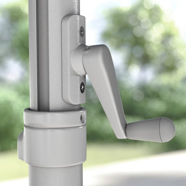 Close-up van HISSÖ parasols grijze aluminium slinger.