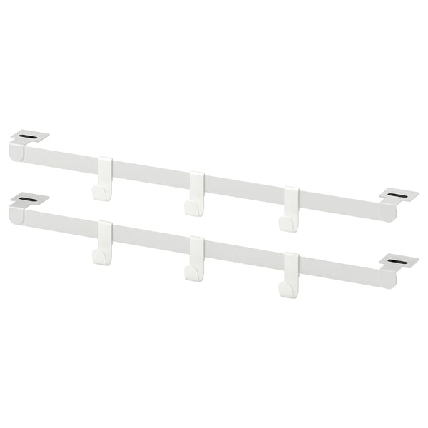 Twee grijze metalen rails met witte plastic haken, ontworpen voor het organiseren en ophangen van items.