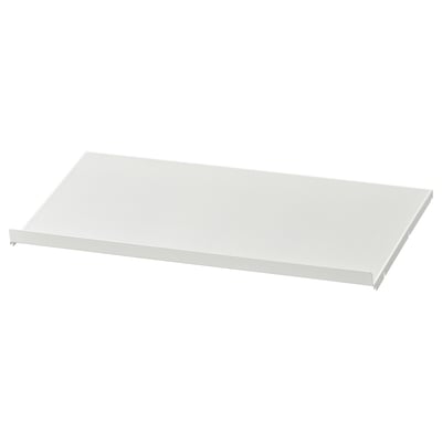 Een witte HJÄLPA metalen plank voor het organiseren van de ruimte. Het is rechthoekig, met een gaasoppervlak en stevige randen.