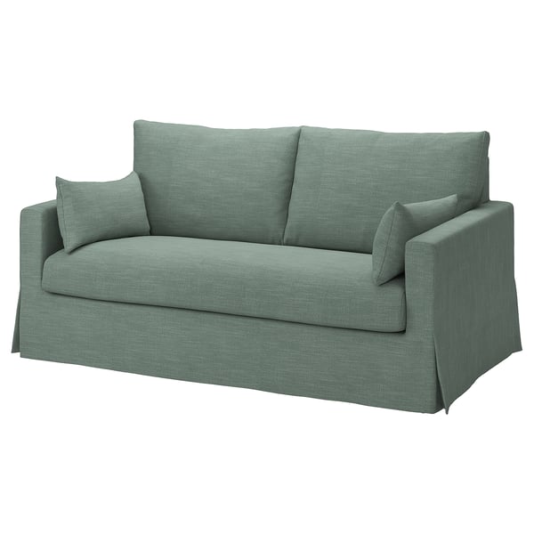HYLTARP bank, lichtgroen, tweed textuur, comfortabel, 3 zitplaatsen, strakke uitstraling.
