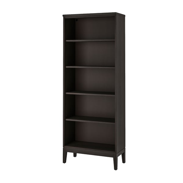 Zwarte IDANÄS boekenkast: strak, hoog, vijf open planken, houten afwerking.