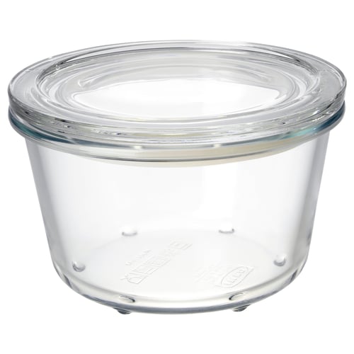 Doorzichtige glazen container met deksel van IKEA 365+, geschikt voor het bewaren van voedsel, transparant, ronde vorm, luchtdichte afsluiting.