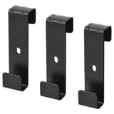 Drie zwarte metalen IVAR-haken, rechthoekig met enkelvoudig tandontwerp, gerangschikt in een driehoekige formatie, perfect voor wand- of deurophanging.