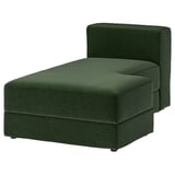 Een donkergroene, zachte stof JÄTTEBO hoekbank met een diep, pluche ontwerp, die een comfortabele en moderne uitstraling uitstraalt.
