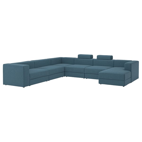 JÄTTEBO U-vormige bank, 7-zits, met chaise longue, rechts met nekkussens/Axvall donker grijsblauw