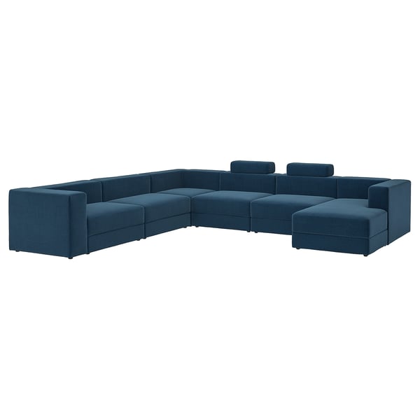 JÄTTEBO U-vormige bank, 7-zits, met chaise longue, rechts met nekkussens/Samsala donkerblauw