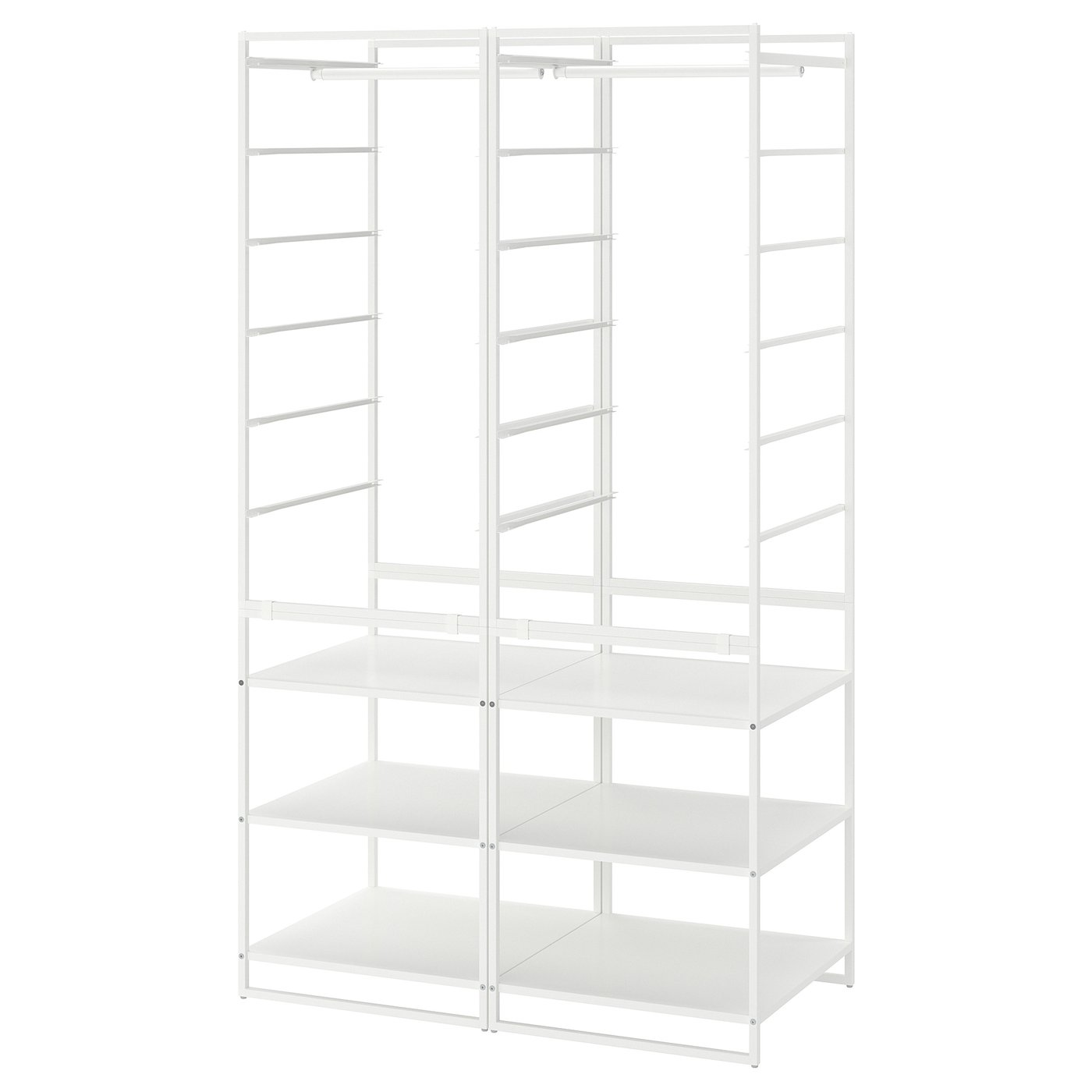 Een wit JONAXEL opbergsysteem met meerdere planken en ophangstangen voor het organiseren van kleding en accessoires.