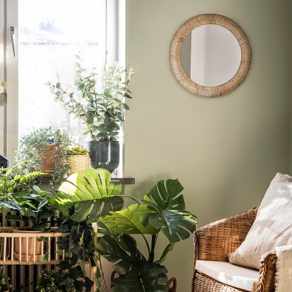 Ronde rotan spiegel met japandi stijl boven rieten stoel, groene muur, planten.