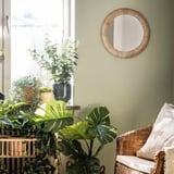 Ronde rotan spiegel met japandi stijl boven rieten stoel, groene muur, planten.