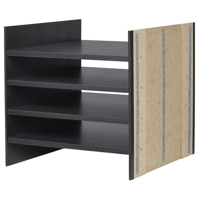 Zwarte KALLAX stellingkast met 4 legplanken, zijkanten van vezelplaat en centrale verdeler.