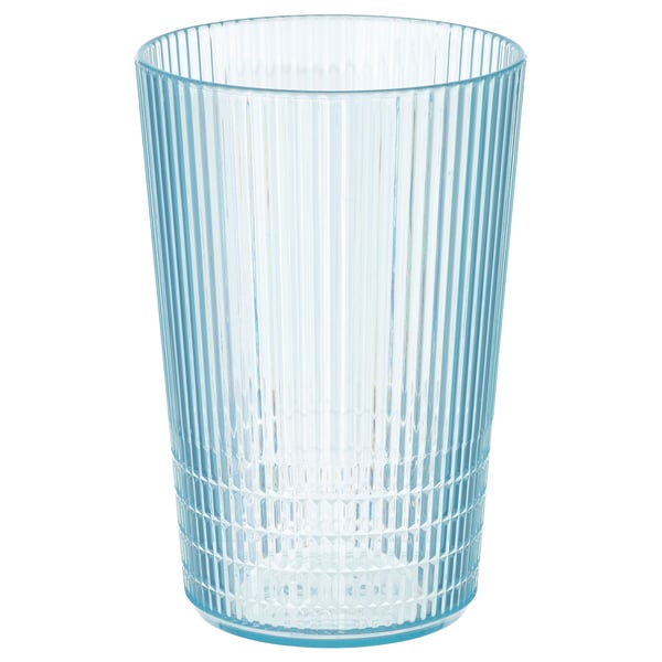 KALLSINNIG: helderblauw acrylglas met verticale ribben en een ruitpatroon aan de onderkant, hoog en cilindrisch.