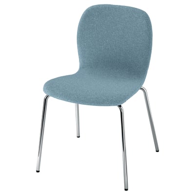 KARLPETTER blauwe stoel, strak design, chromen poten, stoffen zitting.