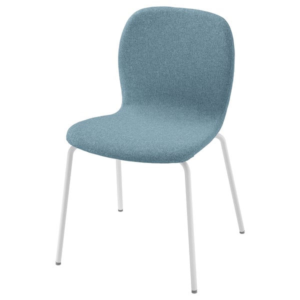 Een blauw gestoffeerde KARLPETTER stoel met een wit metalen frame, met een modern design en comfortabele vorm.