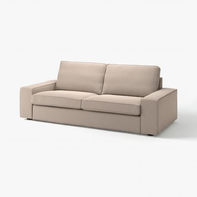 Beige KIVIK bank met zachte chenillehoes, vierkante armleuningen, machinaal wasbaar.