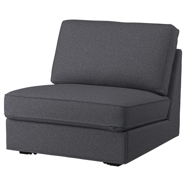 Een KIVIK fauteuil in donkergrijs met een strak, modern design. De duurzame stoffen bekleding heeft een wolachtige textuur.