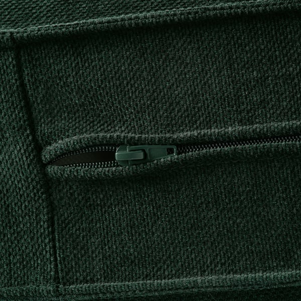 Close-up van donkergroene gebreide stof met textuur en ritssluiting, met hoogwaardige weef- en stoftextuur.