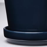Donkerblauwe vaas met schotel, gladde, duurzame, afvoergaten.