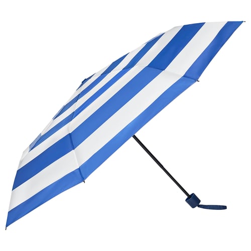 KNALLA blauw-wit gestreepte paraplu met zwart handvat.