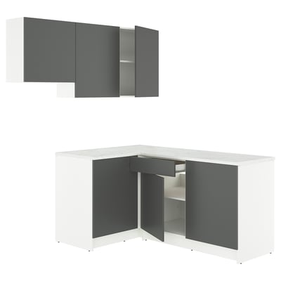 Moderne l-vormige keuken met grijs-witte kleurstelling; Inclusief wand- en onderkasten, lades en verstelbare planken.