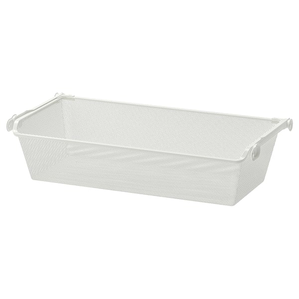Een witte KOMPLEMENT mesh opbergmand, rechthoekig, met handvatten aan beide zijden, ideaal voor organisatie en luchtcirculatie.