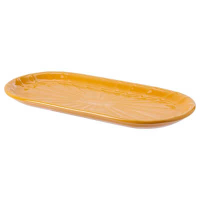 Gele keramische koparbjörk schotel met sunburst patronen, decoratief en functioneel.