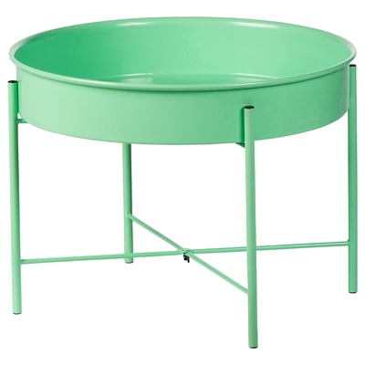 Groene ronde ikea KULTURSKOG plantenstandaard met metalen poten en schaal.