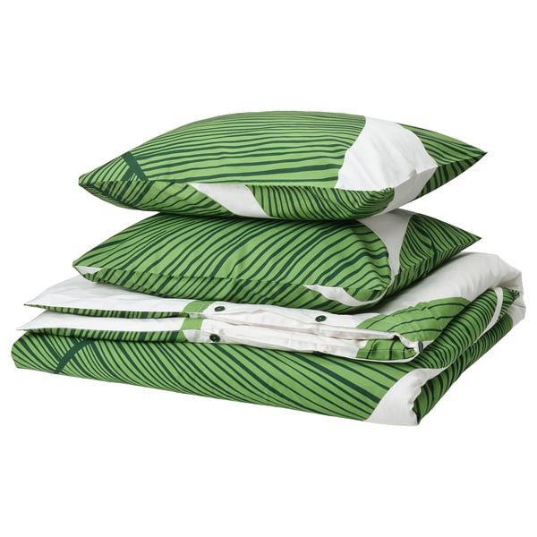 Groen KUNGSCISSUS beddengoed set met bladpatroon, witte bies, katoen.