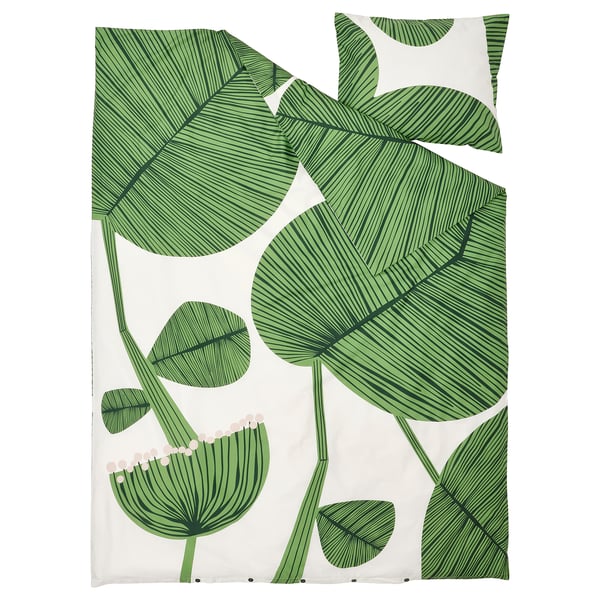 KUNGSCISSUS groen blad beddengoed set, witte basis, 100% katoen.