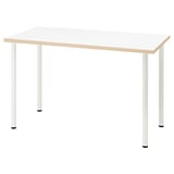 Een modern LAGKAPTEN bureau. Het heeft een wit, geperforeerd tafelblad en vier witte metalen poten met verstelbare poten. Het ontwerp is strak en minimalistisch.