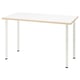 Een modern LAGKAPTEN bureau. Het heeft een wit, geperforeerd tafelblad en vier witte metalen poten met verstelbare poten. Het ontwerp is strak en minimalistisch.