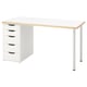 Modern wit bureau met vijf lades en houtnerfblad.