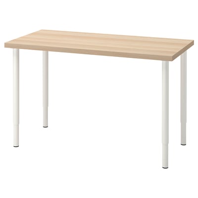 LAGKAPTEN: modern lichtbruin houten bureau met witte metalen poten, rechthoekige vorm, minimalistisch design.