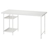LAGKAPTEN: wit bureau met twee planken, modern design, metalen poten en kabelmanagementnet.