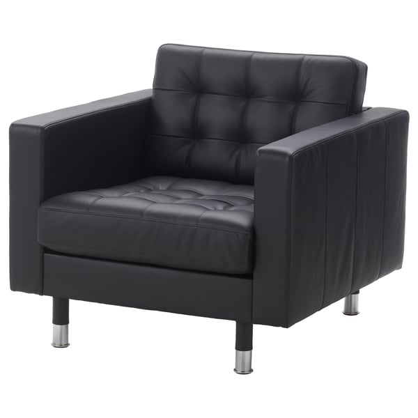 LANDSKRONA zwarte lederen fauteuil, strak & comfortabel met chromen poten.