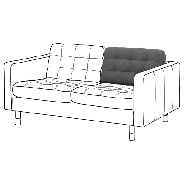Lijntekening van een moderne grijs-witte loveseat met getufte kussens.
