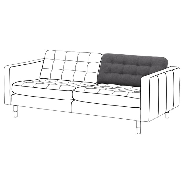 Moderne witte bank met grijze kussens, getuft ontwerp, hoekig frame en slanke poten.