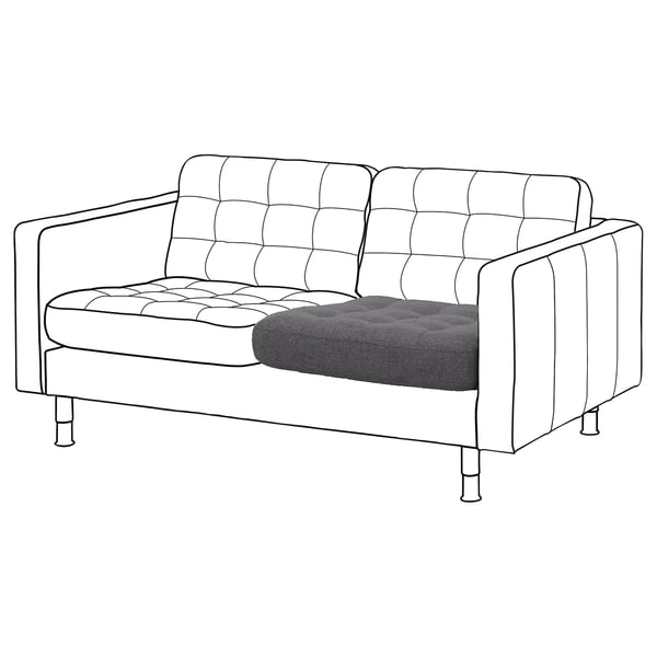 Een moderne grijze loveseat met getufte rugleuning en zitkussens, ondersteund door metalen poten.