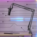 Zwarte microfoonarm geklemd op bureau, 360° verstelbaar voor opname.