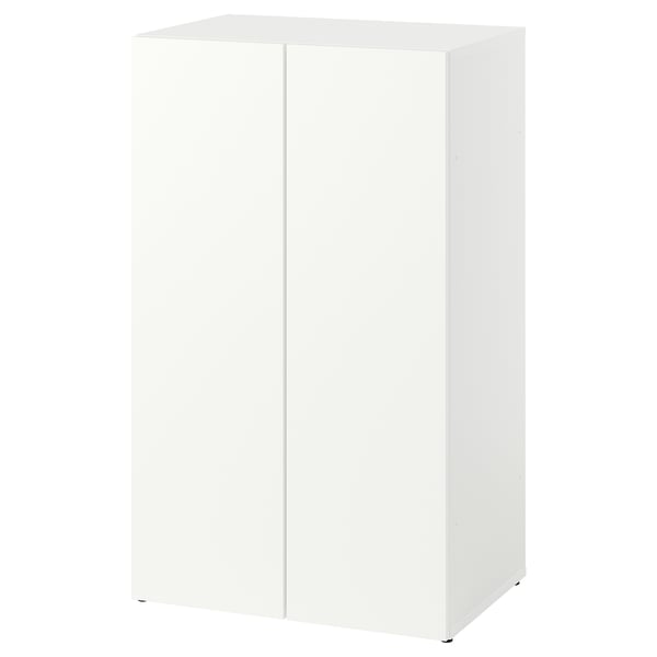 Toont een witte LASTARE-garderobe met een minimalistisch ontwerp. Het heeft dubbele deuren, een vierkante vorm en eenvoudige esthetiek voor compacte ruimtes.