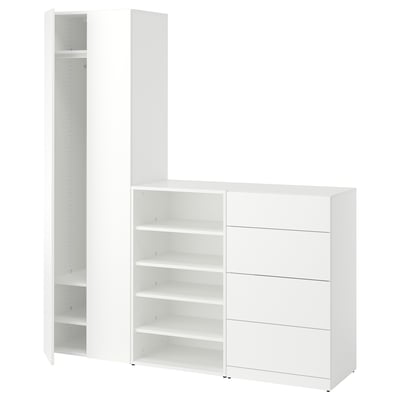 Een witte LASTARE modulaire opbergunit. Het omvat een hoge kast en een kist met vier lades, beide in strak wit, en biedt veelzijdige opbergoplossingen.