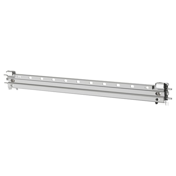 Zilverkleurige metalen rail met haken voor montage, onderdeel van ikeas LÄTTHET opbergoplossing voor buiten.